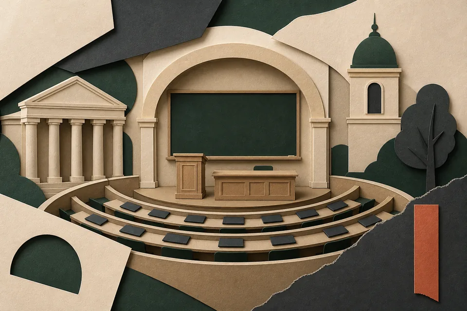 Paper collage of a small lecture hall.