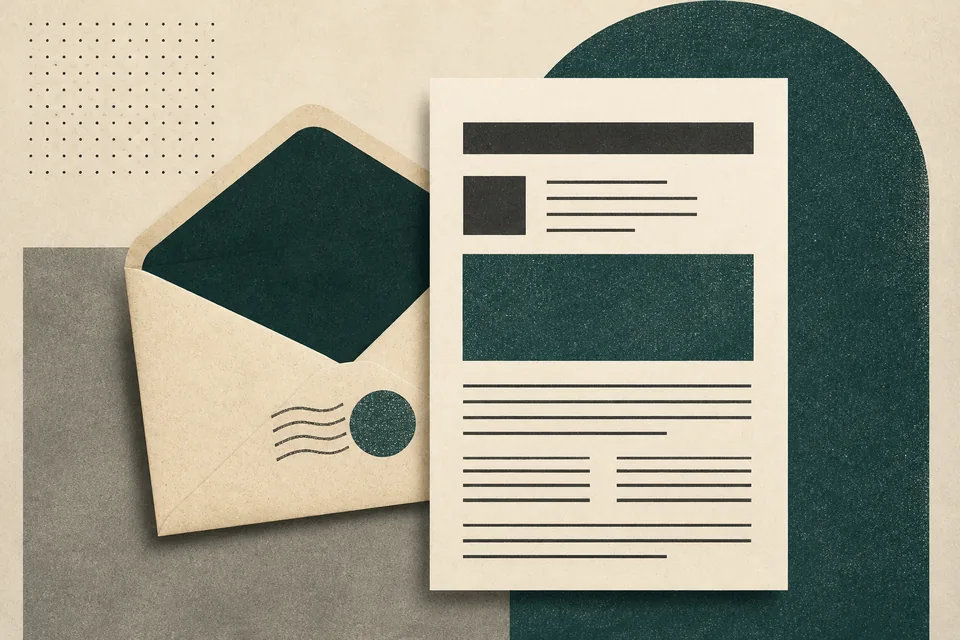 Envelope and newsletter sheet collage.
