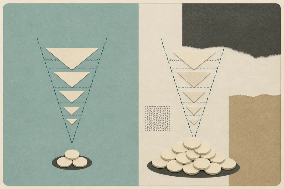 Two abstract funnels, one producing more coins.