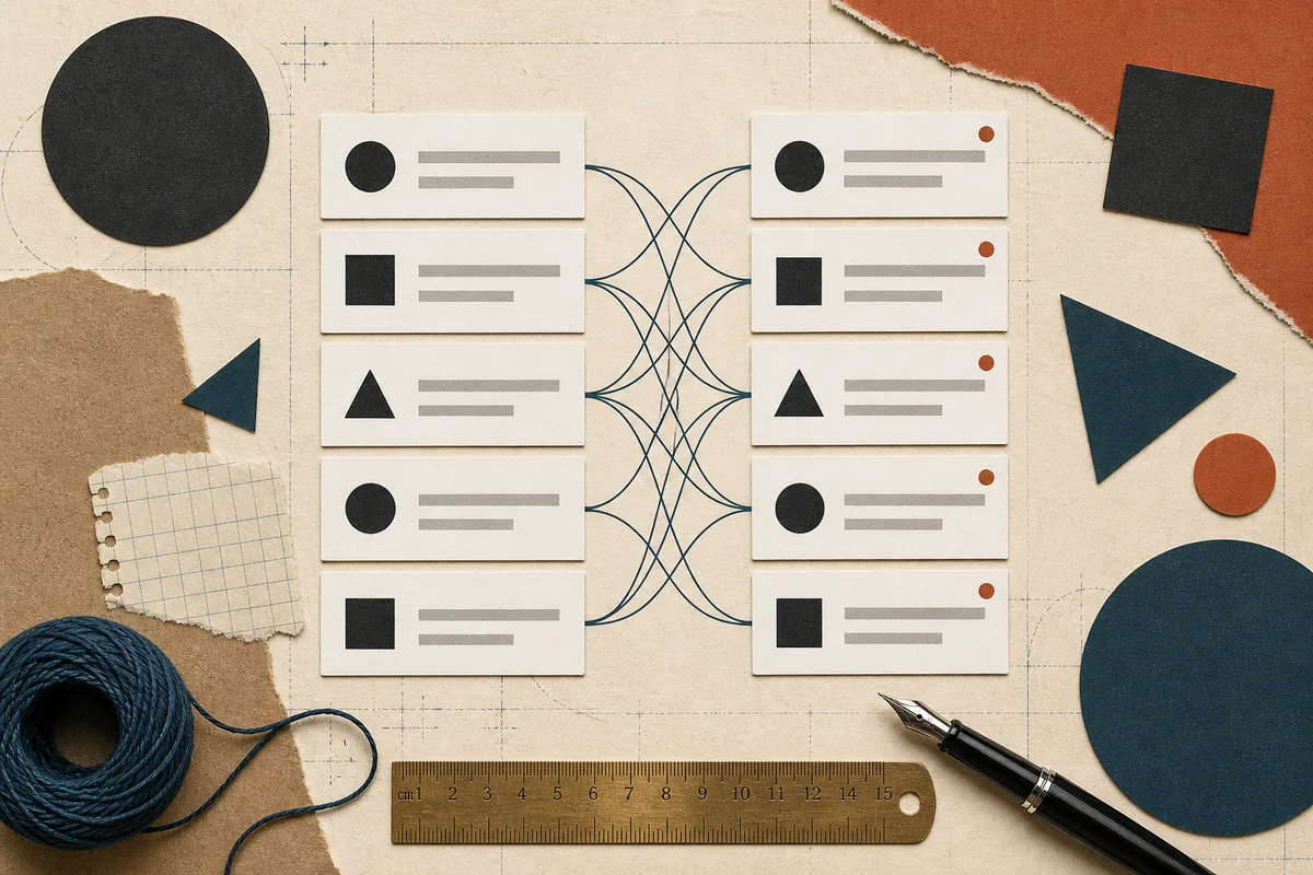 Abstract comparison of two stacks of cards.
